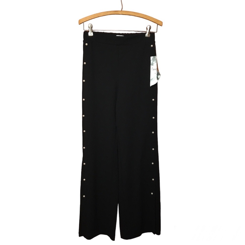 Crave Fame Faux Pearl Trim Casual Trouser Pants, Black, Small
